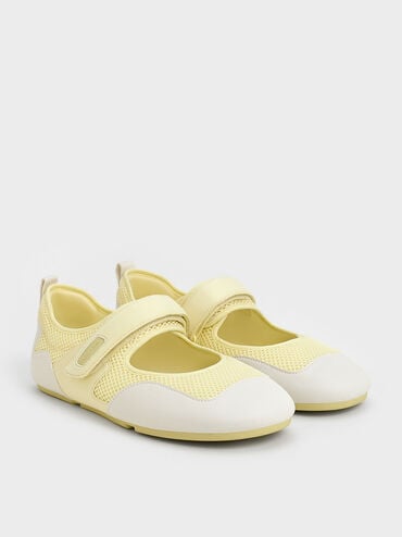 Mesh Contrast-Panel Mary Jane Sneakers, Yellow, hi-res