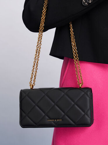 Paffuto Quilted Chain-Handle Long Wallet, Black, hi-res