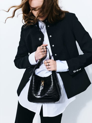 Mini Adalyn Croc-Effect Hobo Bag, Black Croco, hi-res