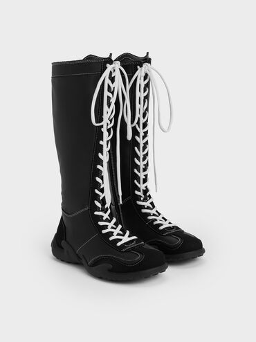 Minette Lace-Up Knee-High Sneaker-Boots, Black, hi-res