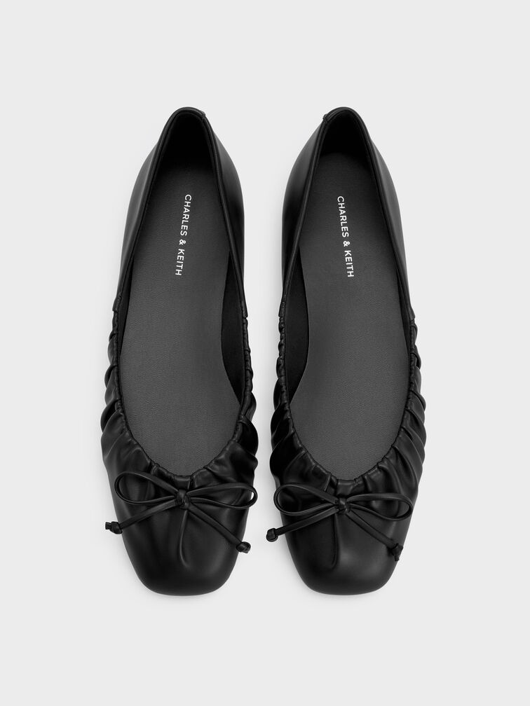 Ruched Bow Ballet Flats, Black, hi-res