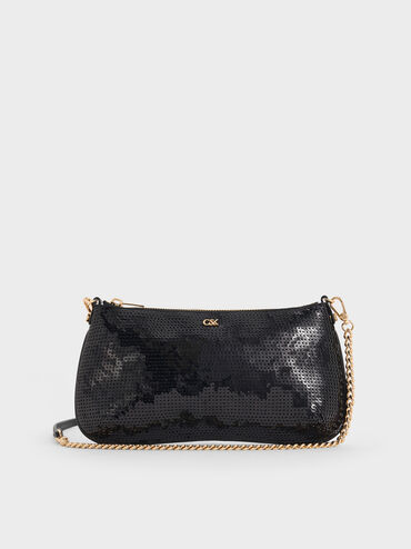Sequin Mesh & Leather Shoulder Bag, Black, hi-res