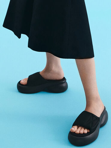 Mesh Platform Sporty Slide Sandals, Black Textured, hi-res