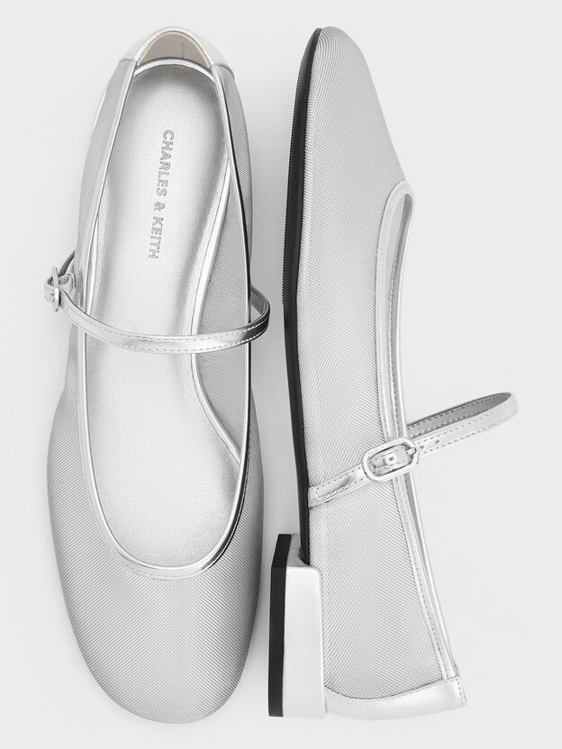 Gertrude Embroidered-Mesh Mary Janes, Silver, hi-res