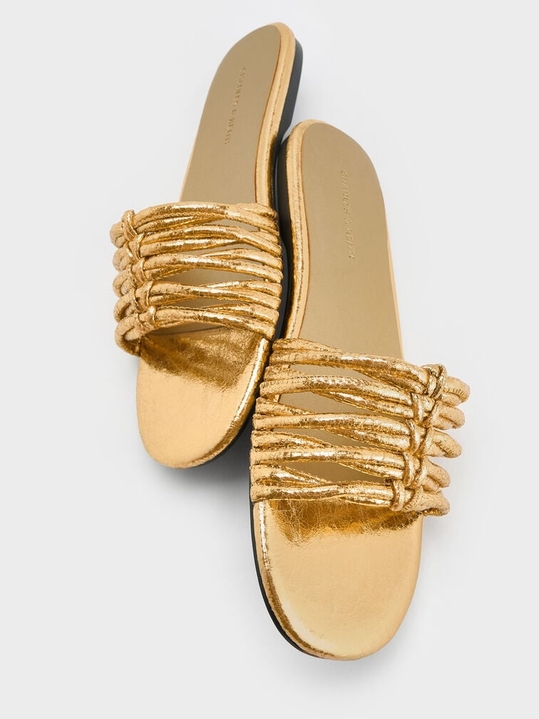 Metallic Crinkle-Effect Woven Slide Sandals, Gold, hi-res