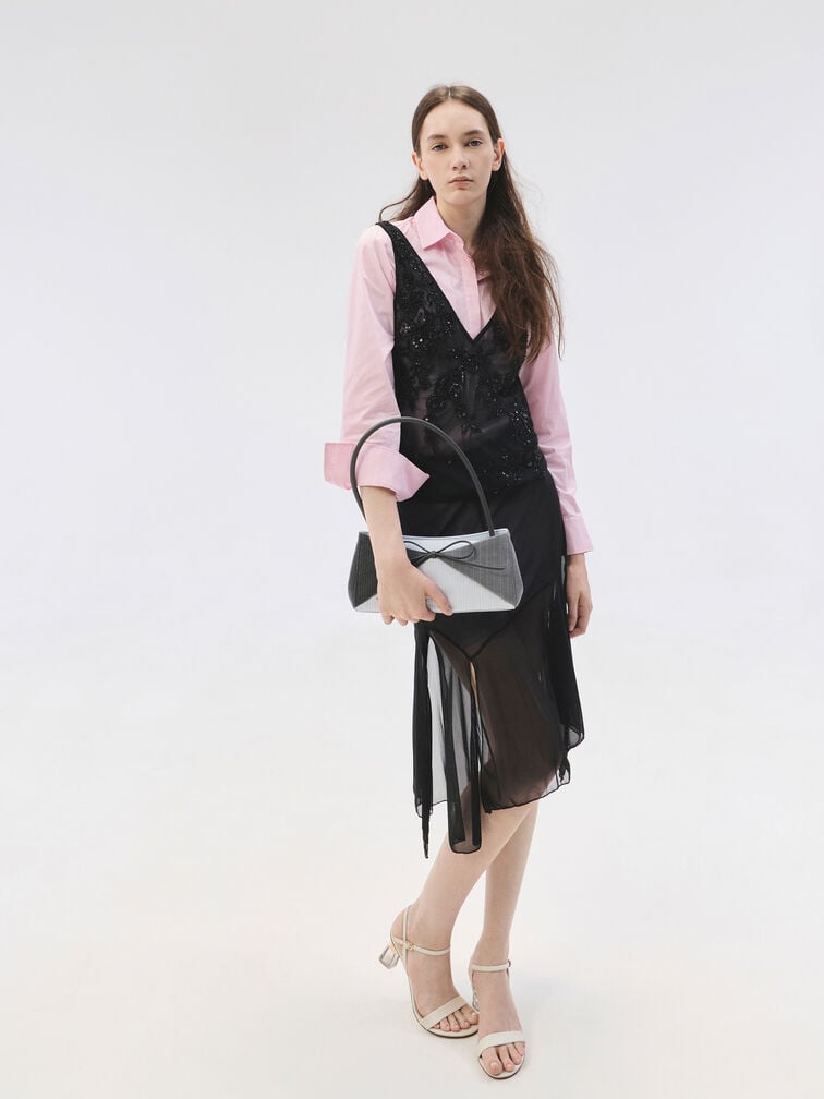 Hazel Striped Bow Panelled Shoulder Bag, Grey, hi-res