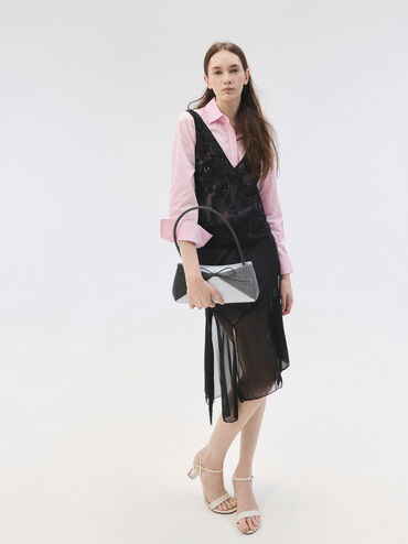 Hazel Striped Bow Panelled Shoulder Bag, Grey, hi-res