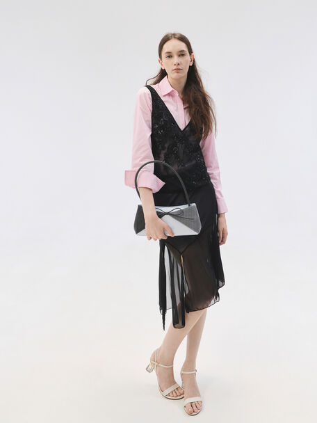 Hazel Striped Bow Panelled Shoulder Bag, Grey, hi-res