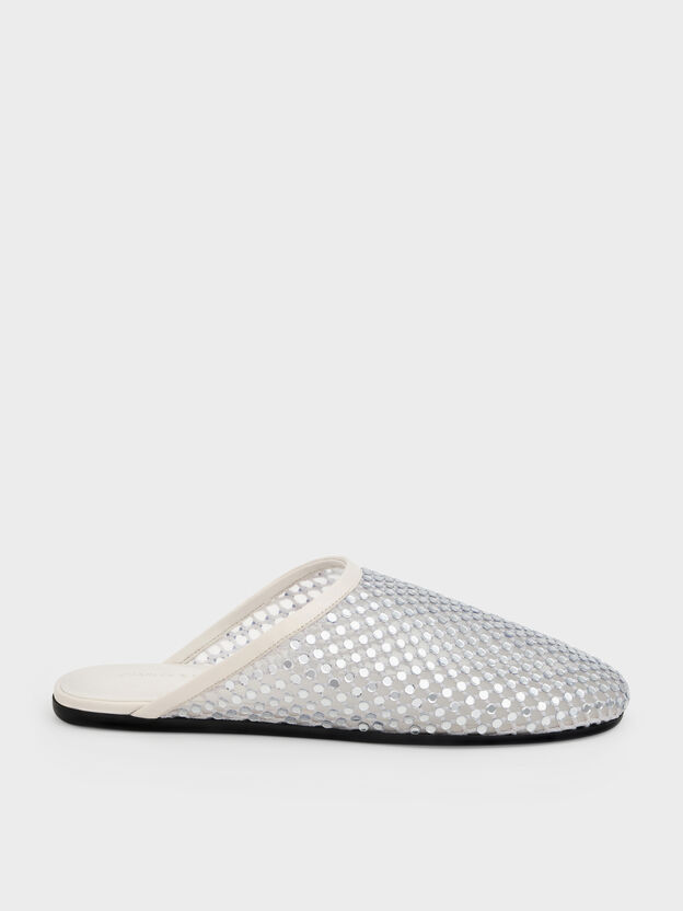 Maggie Mesh Crystal Flat Mules, White, hi-res