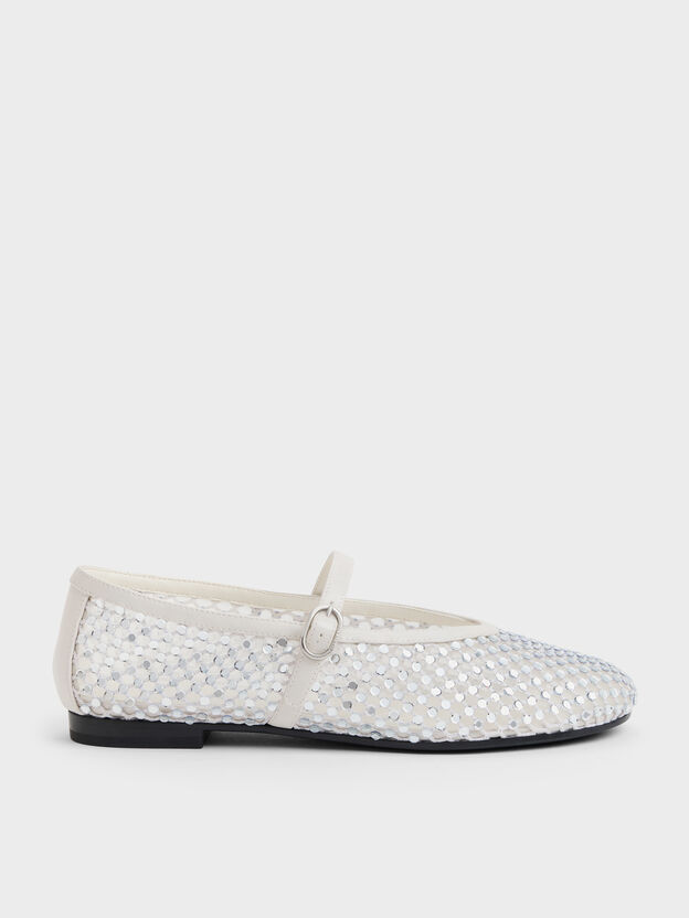 Maggie Mesh Crystal Mary Janes, White, hi-res