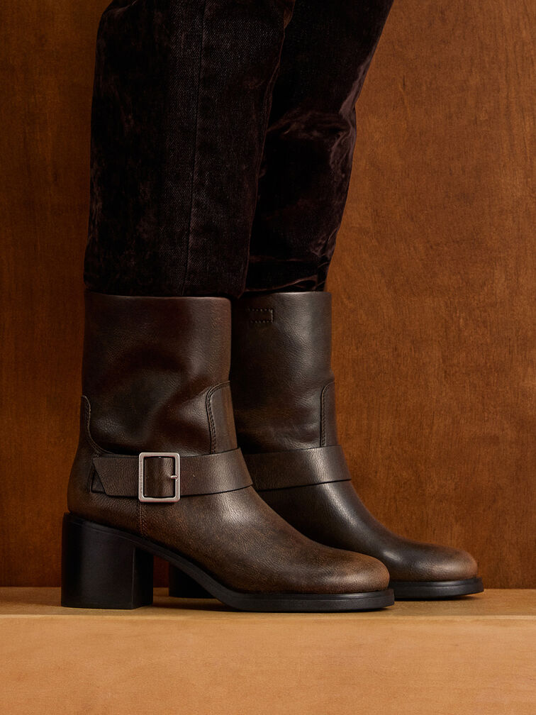 Kailey Side-Buckle Ankle Boots, Dark Brown, hi-res