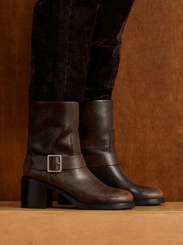 Kailey Side-Buckle Ankle Boots, Dark Brown, hi-res