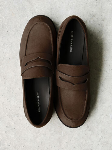 Arven Faux Suede Penny Loafers, Dark Brown Textured, hi-res
