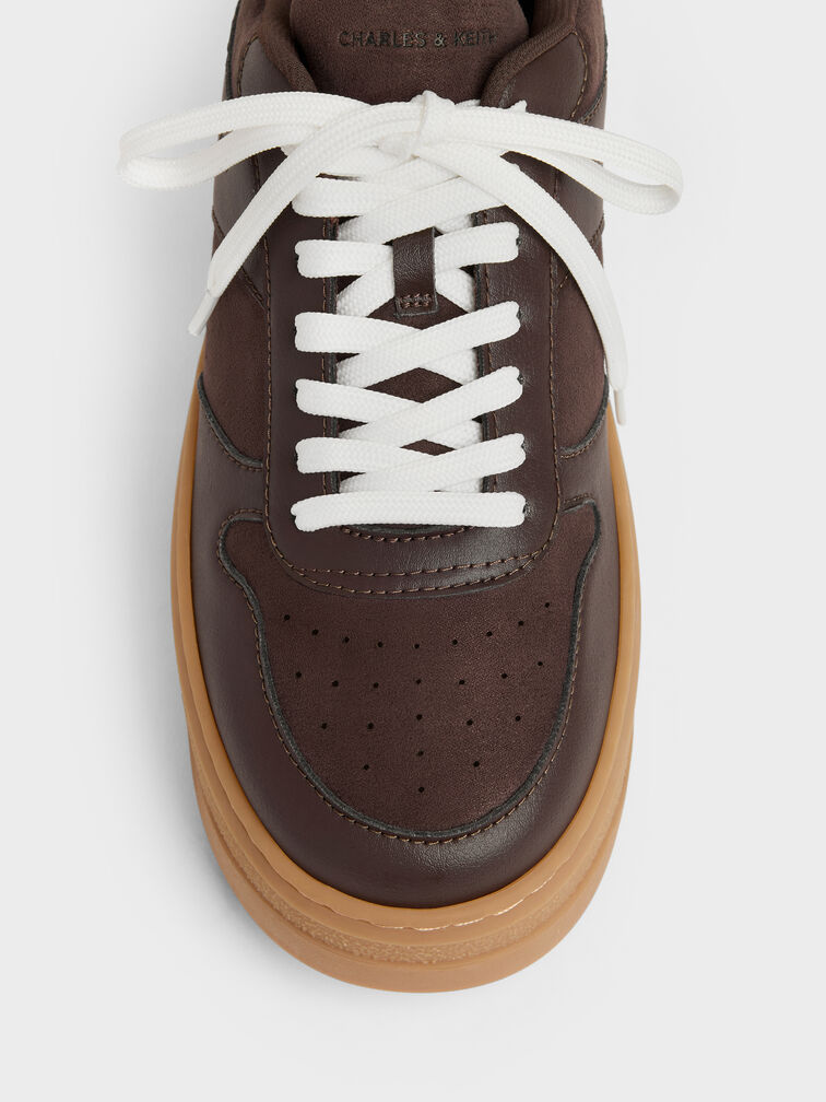 Faux Suede Platform Sneakers, Dark Brown Textured, hi-res
