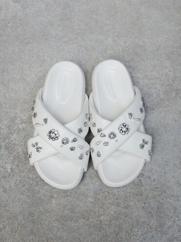 Gem & Pearl Flatform Sandals, White, hi-res