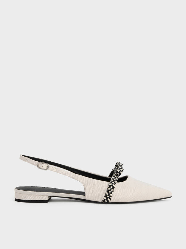 Kaleen Linen Woven-Bow Slingback Flats, Chalk, hi-res