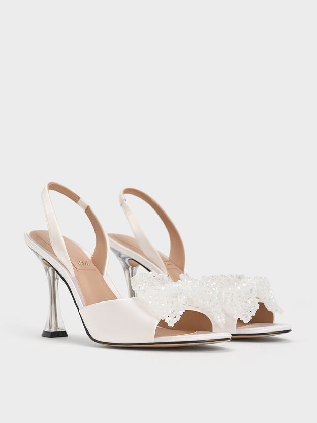 Beaded Bow Slingback Pumps, White, hi-res