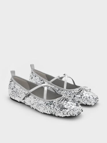 Sequinned Crossover Mary Jane Flats, Silver, hi-res