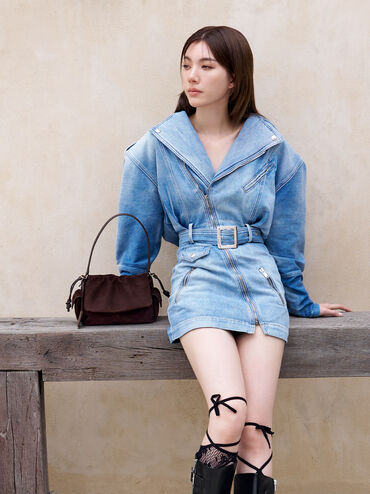 Khai Recycled Suede Ruched-Flap Side-Pocket Top Handle Bag, Espresso Brown, hi-res