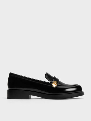 Hettie Metallic-Buckle Strap Loafers, Black Box, hi-res