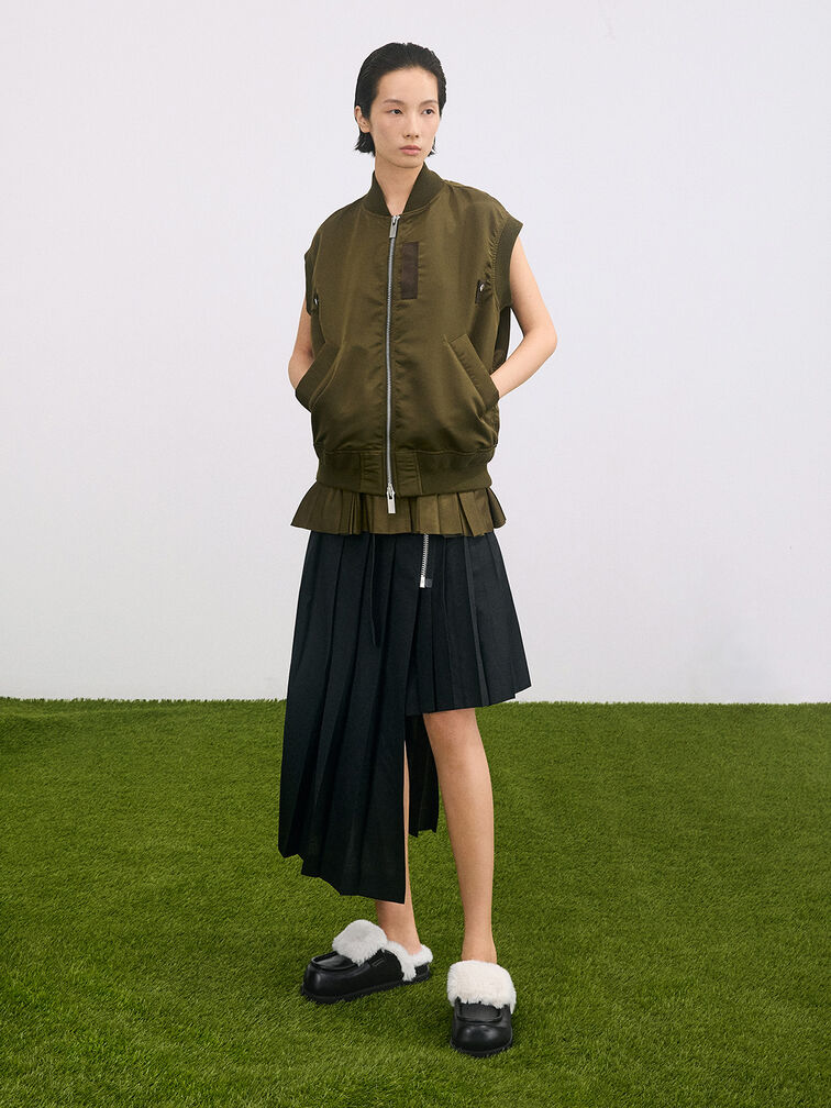 Fur-Trim Flatform Mules, Black, hi-res