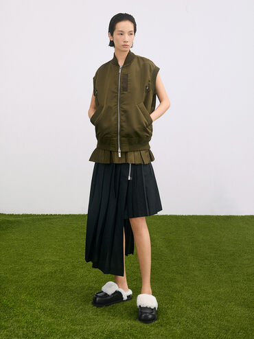 Fur-Trim Flatform Mules, Black, hi-res