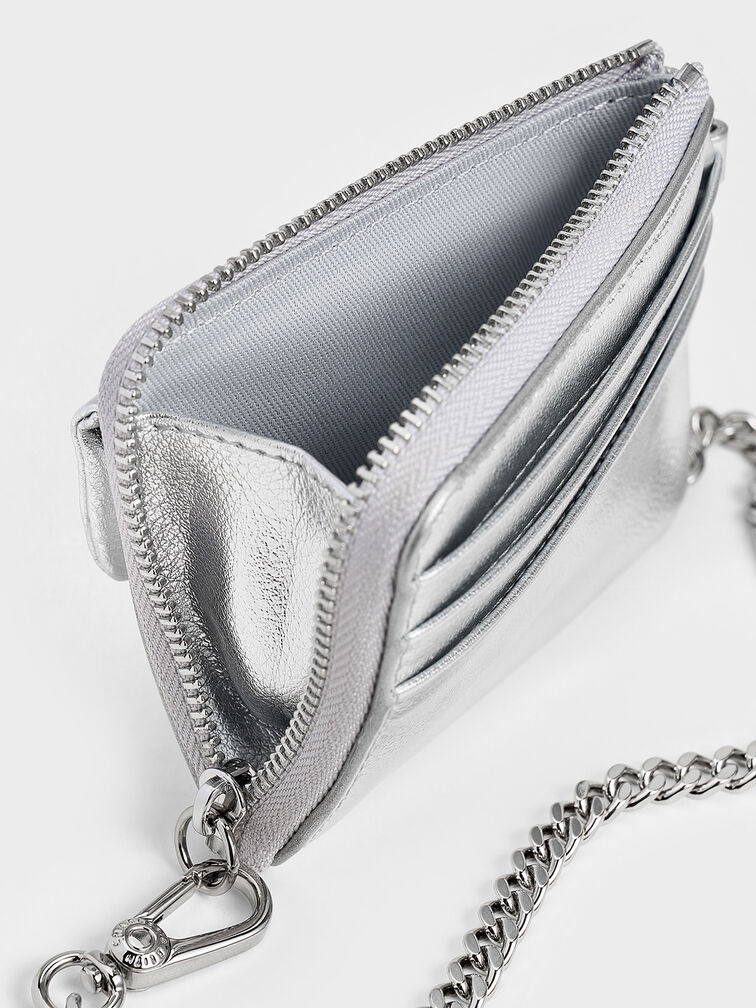 Rachel Metallic Front-Pocket Zip-Around Card Holder, Silver, hi-res