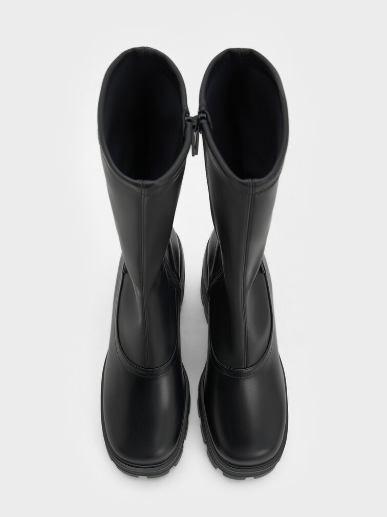Side-Zip Platform Calf Boots, Black, hi-res