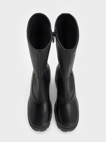Side-Zip Platform Calf Boots, Black, hi-res