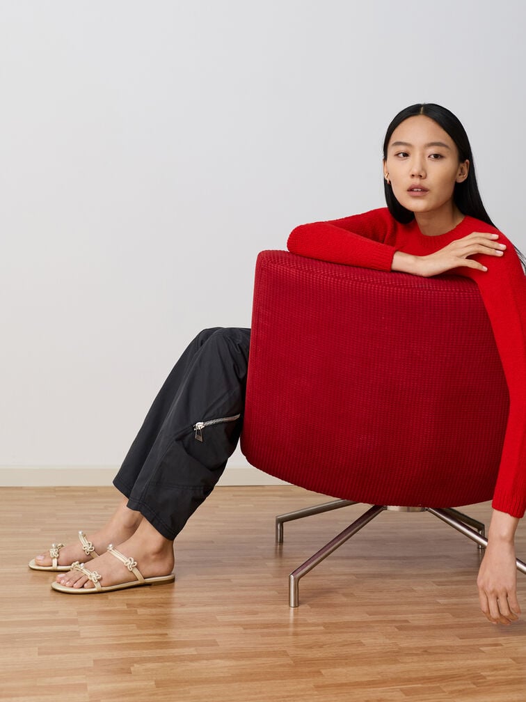 Orinda Knot-Pearl Slide Sandals, Butter, hi-res