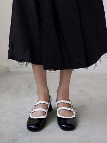 Pearl-Buckle Two-Tone Mary Jane Pumps, Black Box, hi-res