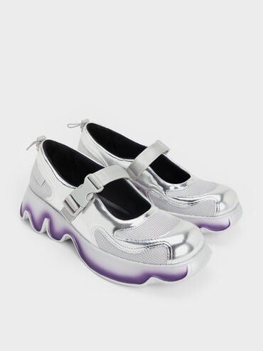 Mesh Gradient Wave Mary Jane Sneakers, Silver, hi-res
