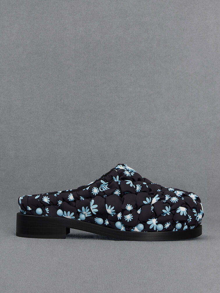 Nylon Puffy Floral-Print Clogs, Multi, hi-res