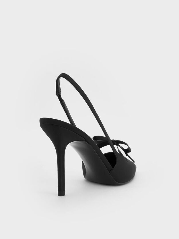 Venetia Satin Bow Pointed Slingback Pumps, Black Textured, hi-res