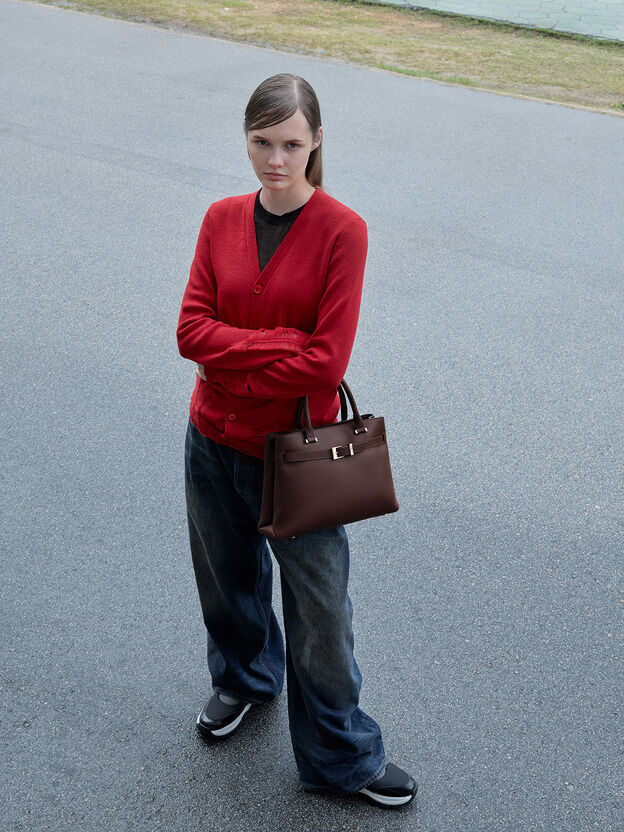 Voyager Leather Belted Tote Bag, Dark Brown, hi-res
