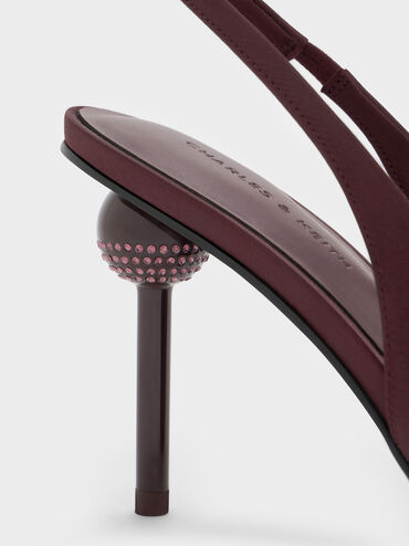 Satin Crystal-Embellished Ball-Heel Pointed-Toe Slingback Pumps, Burgundy, hi-res