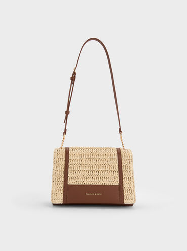 Shalia Raffia Chain-Strap Shoulder Bag, Natural Raffia, hi-res