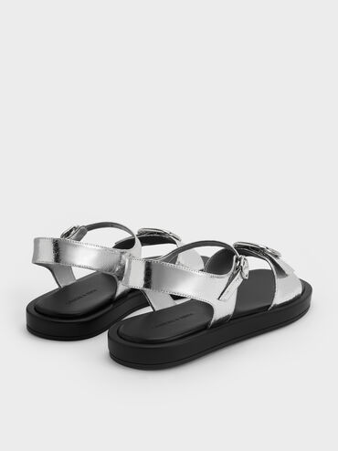 Metallic Buckled Slingback Sandals, Silver, hi-res
