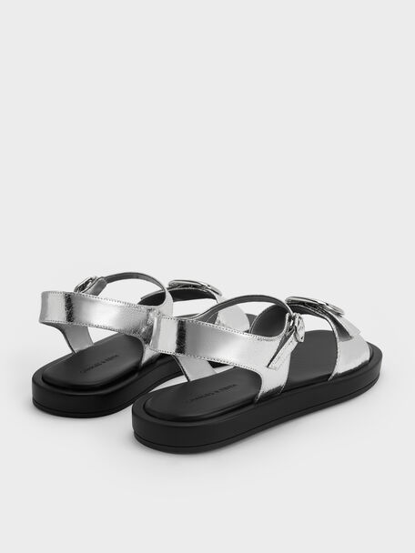 Metallic Buckled Slingback Sandals, Silver, hi-res