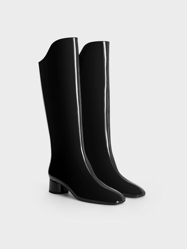 Patent Elongated Square-Toe Knee-High Boots, Black Patent, hi-res