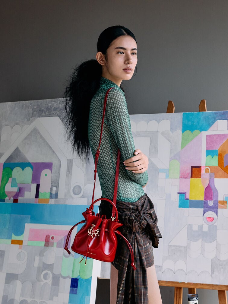 Sammie Horse-Motif Drawstring Bucket Bag, Tomato Red, hi-res