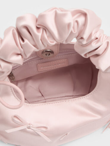 Satin Bow Ruched-Handle Bag, Baby Pink, hi-res