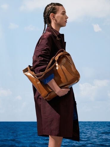 Sianna Crinkle-Effect Slouchy Tote Bag, Chocolate, hi-res