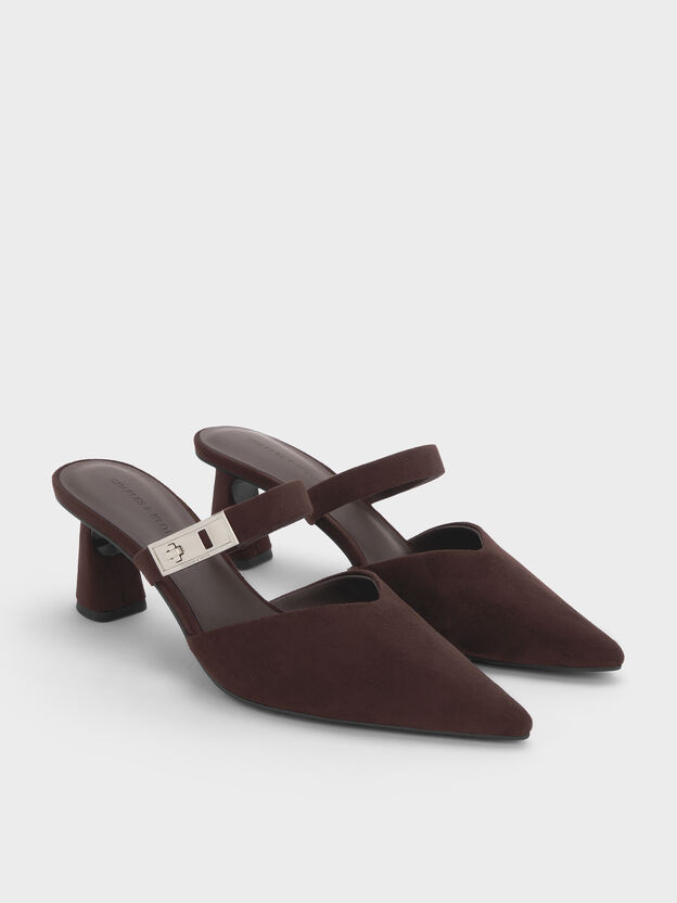 Lando Faux Suede Heeled Mules, Dark Brown Textured, hi-res