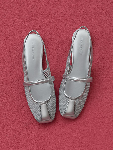 Ellory Mesh Slingback Mary Jane Flats, Silver, hi-res