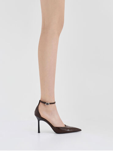 Croc-Effect Pointed-Toe Ankle-Strap D'Orsay Pumps, Animal Print Brown, hi-res