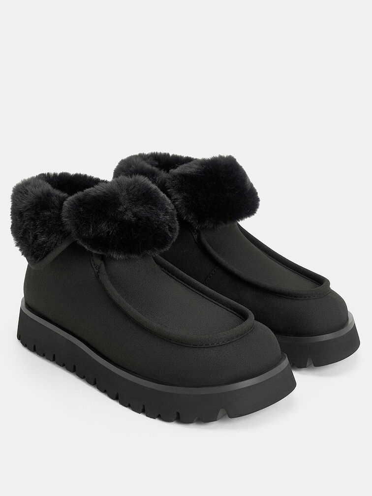 Textured Fur-Lined Ridged-Sole Ankle Boots, Black, hi-res