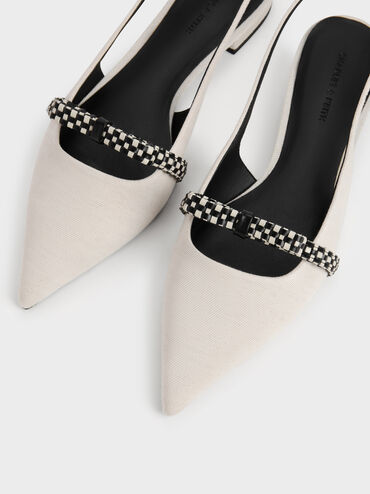 Kaleen Linen Woven-Bow Slingback Flats, Chalk, hi-res