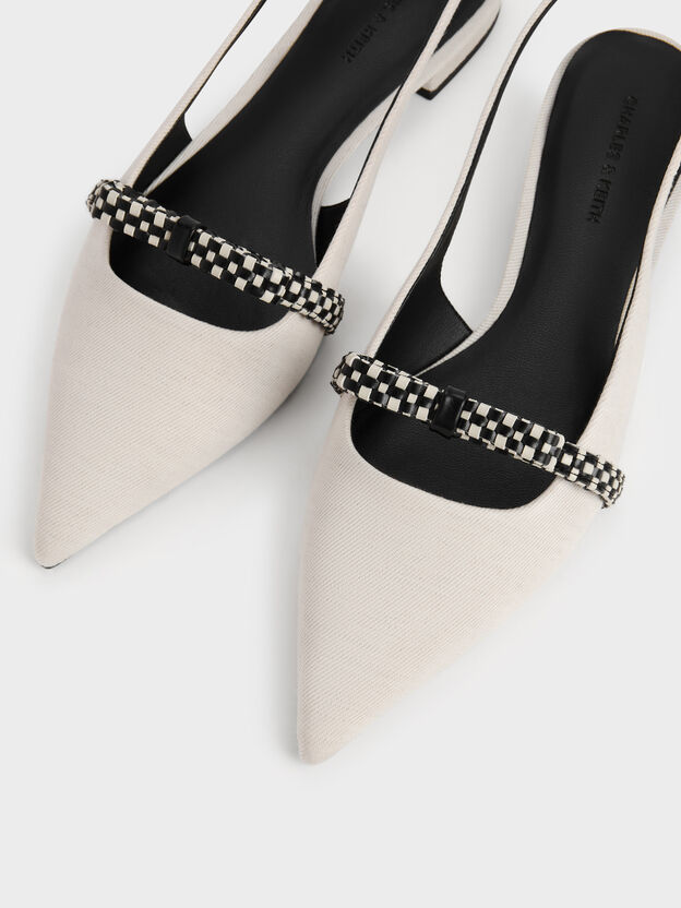 Kaleen Linen Woven-Bow Slingback Flats, Chalk, hi-res