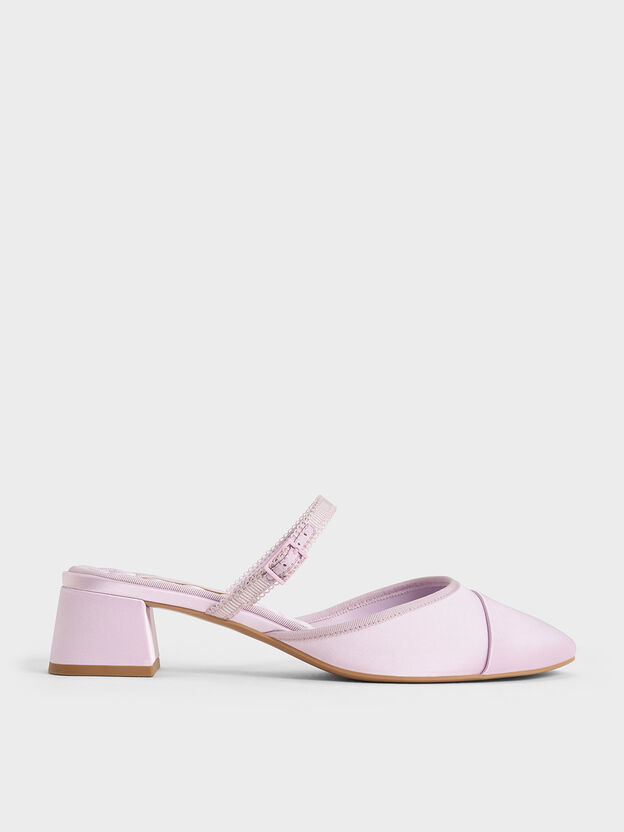 Satin Buckled-Strap Trapeze-Heel Mules, Lilac, hi-res